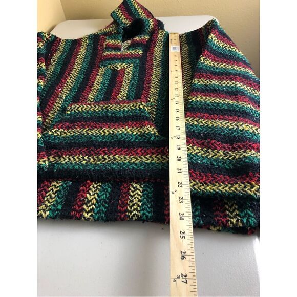 BAJA JOE Striped Hippie Boho Rasta Poncho Hoodie Size S Black Green,Red - Picture 13 of 15